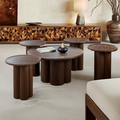 طقم طاولات قهوة 5 قطع خشبي بني