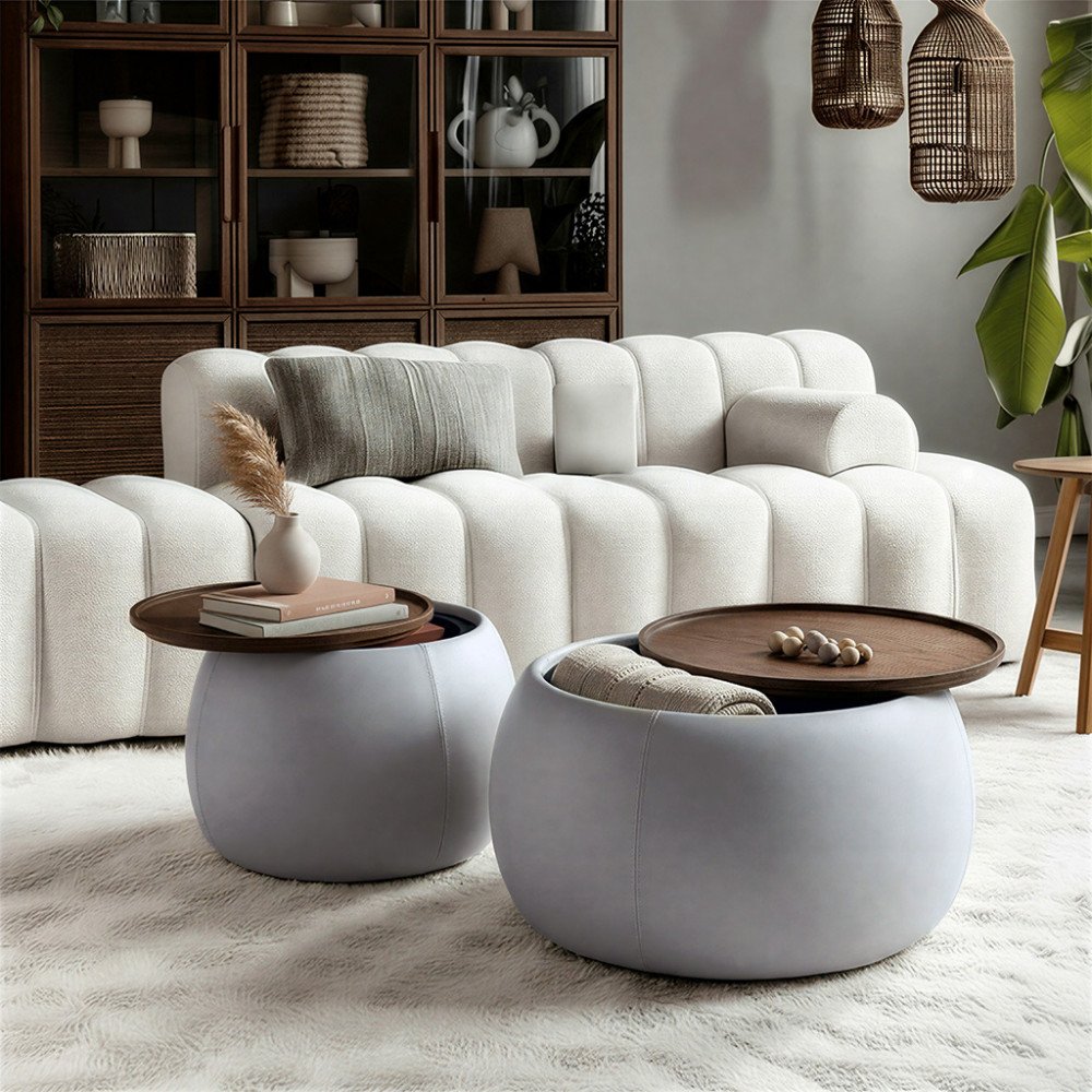 طقم طاولات قهوة مودرن 2 قطعة قماش سطح خشبي