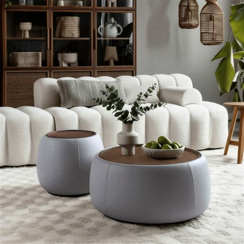 طقم طاولات قهوة مودرن 2 قطعة قماش سطح خشبي