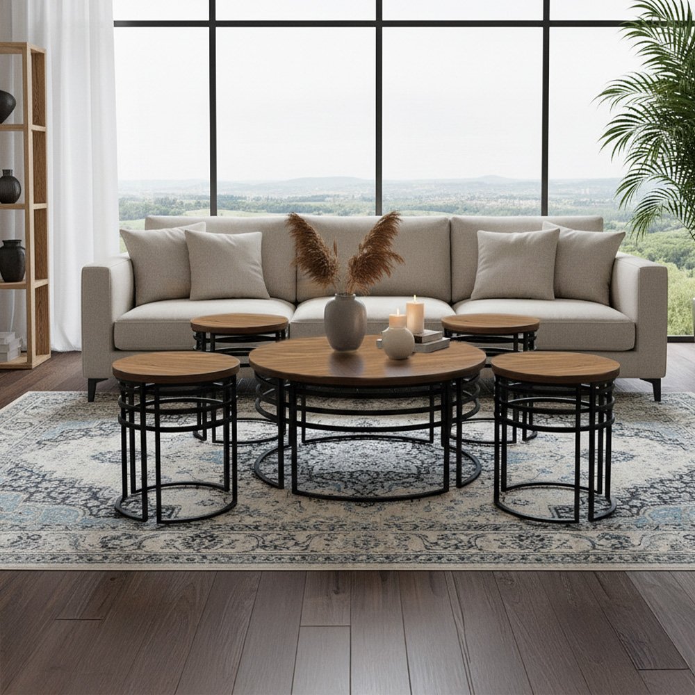 طقم طاولات قهوة 5 قطع خشب بهيكل معدني طقم طاولات قهوة 5 قطع خشب بهيكل معدني