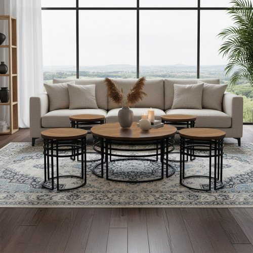 طقم طاولات قهوة 5 قطع خشب بهيكل معدني