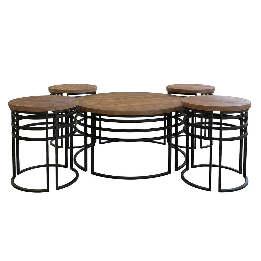 طقم طاولات قهوة 5 قطع خشب بهيكل معدني طقم طاولات قهوة 5 قطع خشب بهيكل معدني