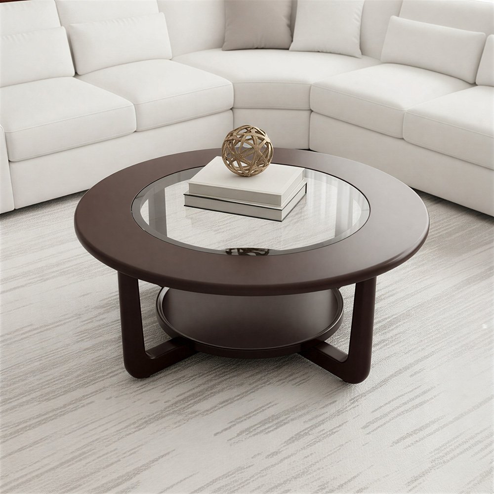 طقم طاولات قهوة 5  قطع خشب بسطح زجاجي