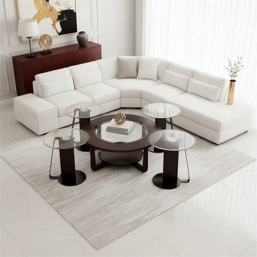 طقم طاولات قهوة 5  قطع خشب بسطح زجاجي