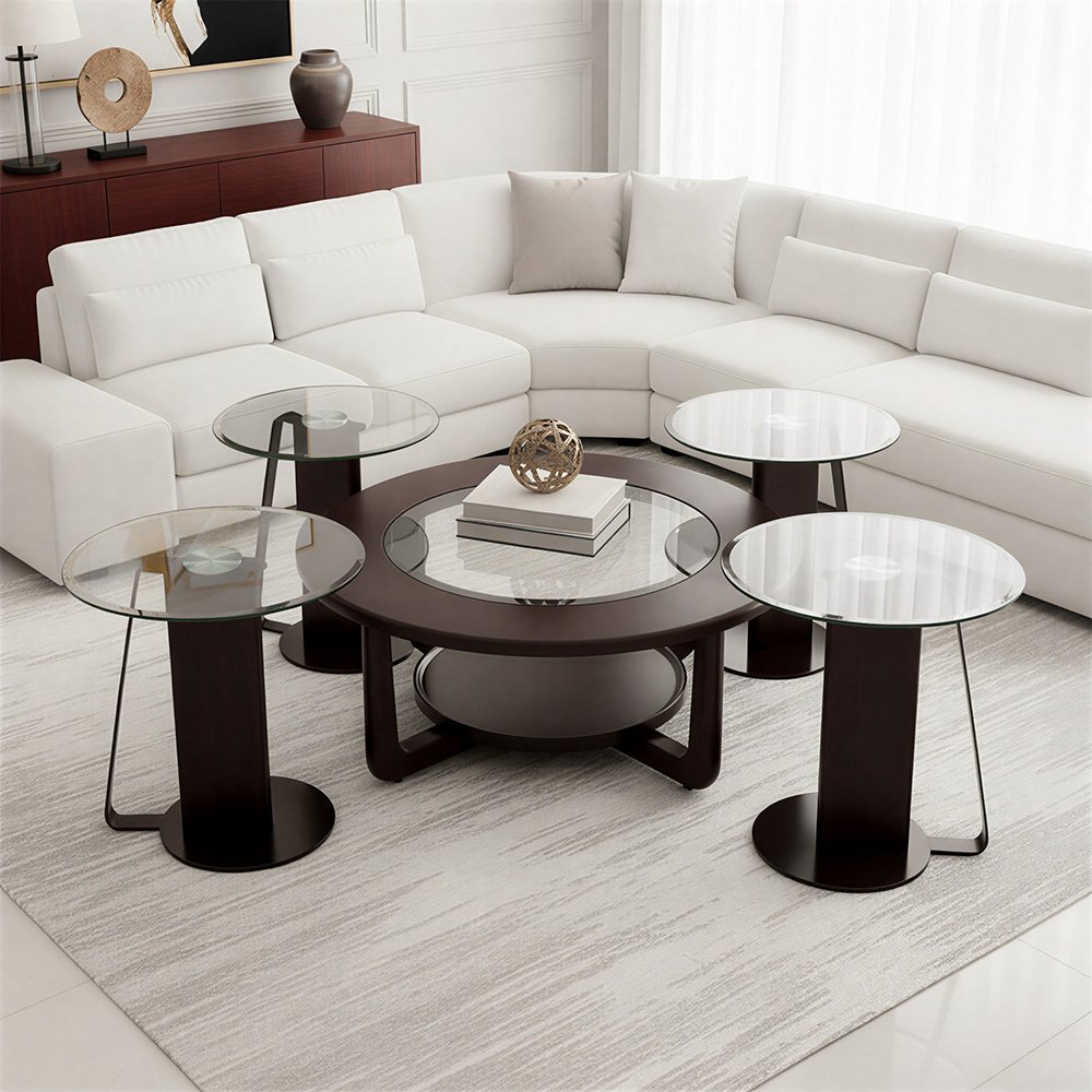 طقم طاولات قهوة 5  قطع خشب بسطح زجاجي