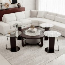 طقم طاولات قهوة 5  قطع خشب بسطح زجاجي