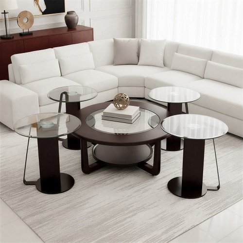 طقم طاولات قهوة 5  قطع خشب بسطح زجاجي