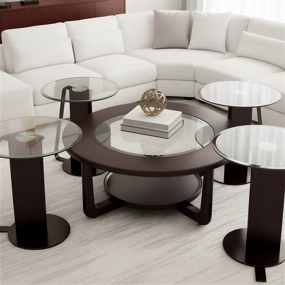 طقم طاولات قهوة 5  قطع خشب بسطح زجاجي