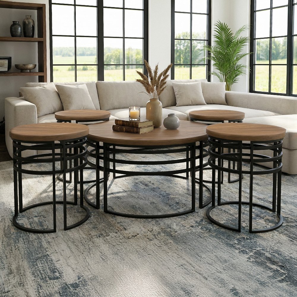 طقم طاولات قهوة 5 قطع خشب بهيكل معدني طقم طاولات قهوة 5 قطع خشب بهيكل معدني