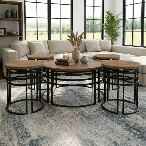 طقم طاولات قهوة 5 قطع خشب بهيكل معدني