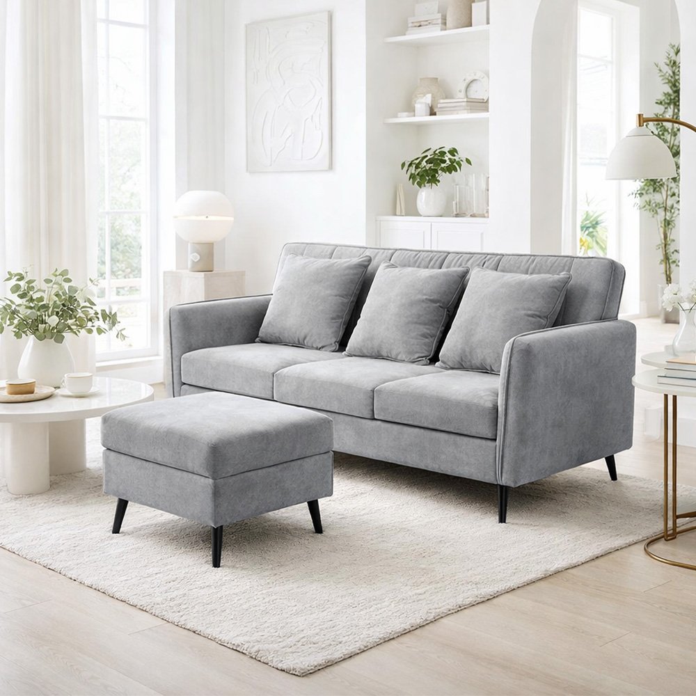 كنبة مودرن 3 مقاعد قماش مع صندوق تخزين رمادي