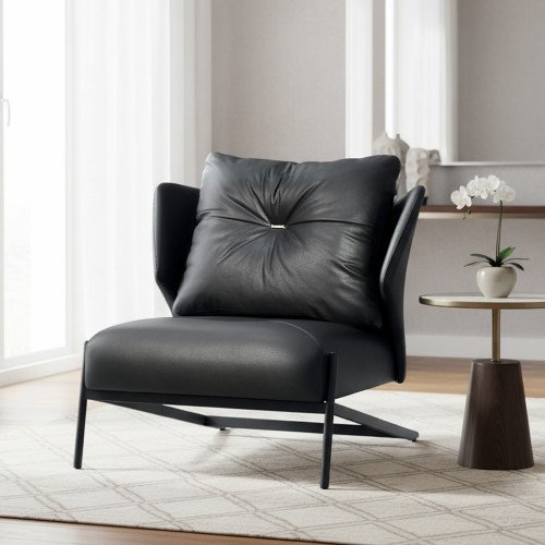 كرسي مفرد جلد بهيكل معدني تصميم عصري أسود