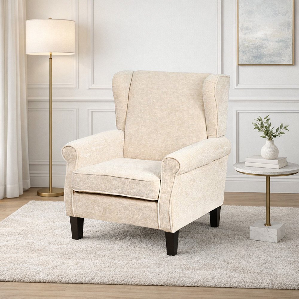 كرسي مفرد فخم قماش بهيكل خشبي مودرن بيج