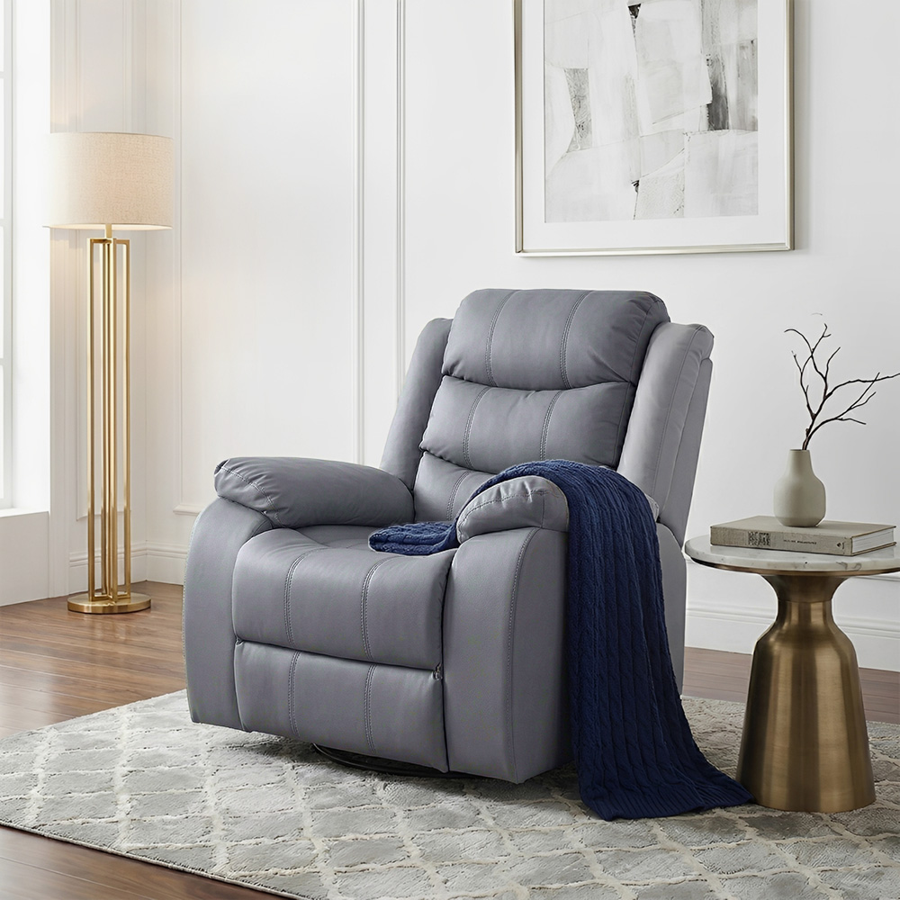 كرسي استرخاء فخم هزاز دوار بتصميم عصري جلد رمادي