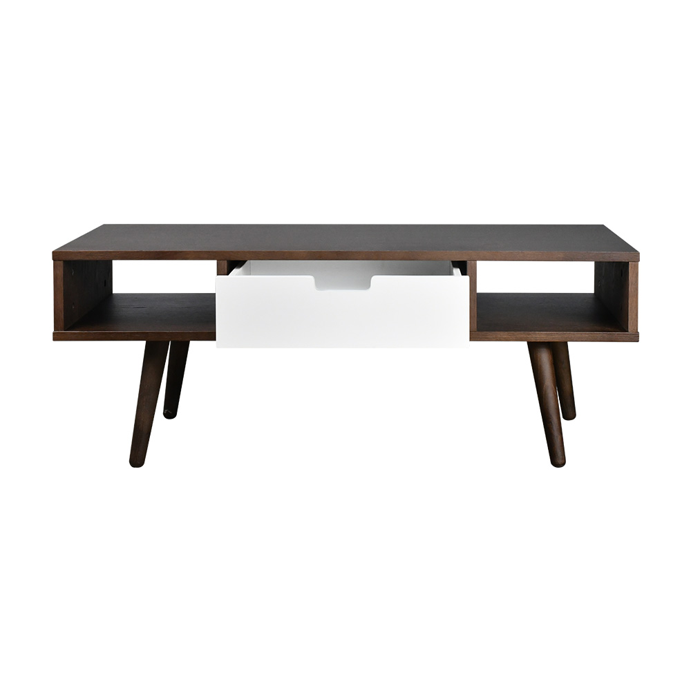 طاولة قهوة خشبية بدرج أبيض وفتحتي تخزين