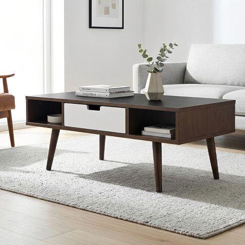 طاولة قهوة خشبية بدرج أبيض وفتحتي تخزين