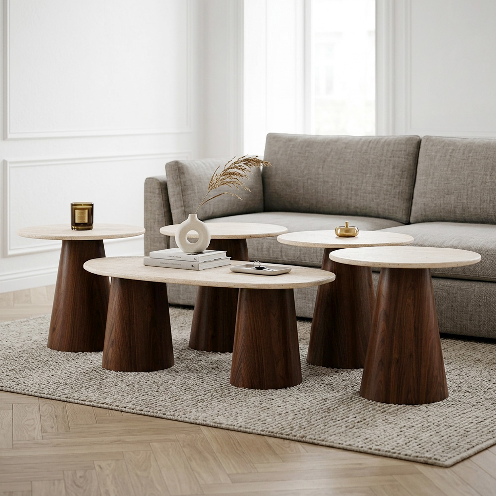 طقم طاولات خدمة 5 قطع خشبي مودرن فاخر بني × بيج