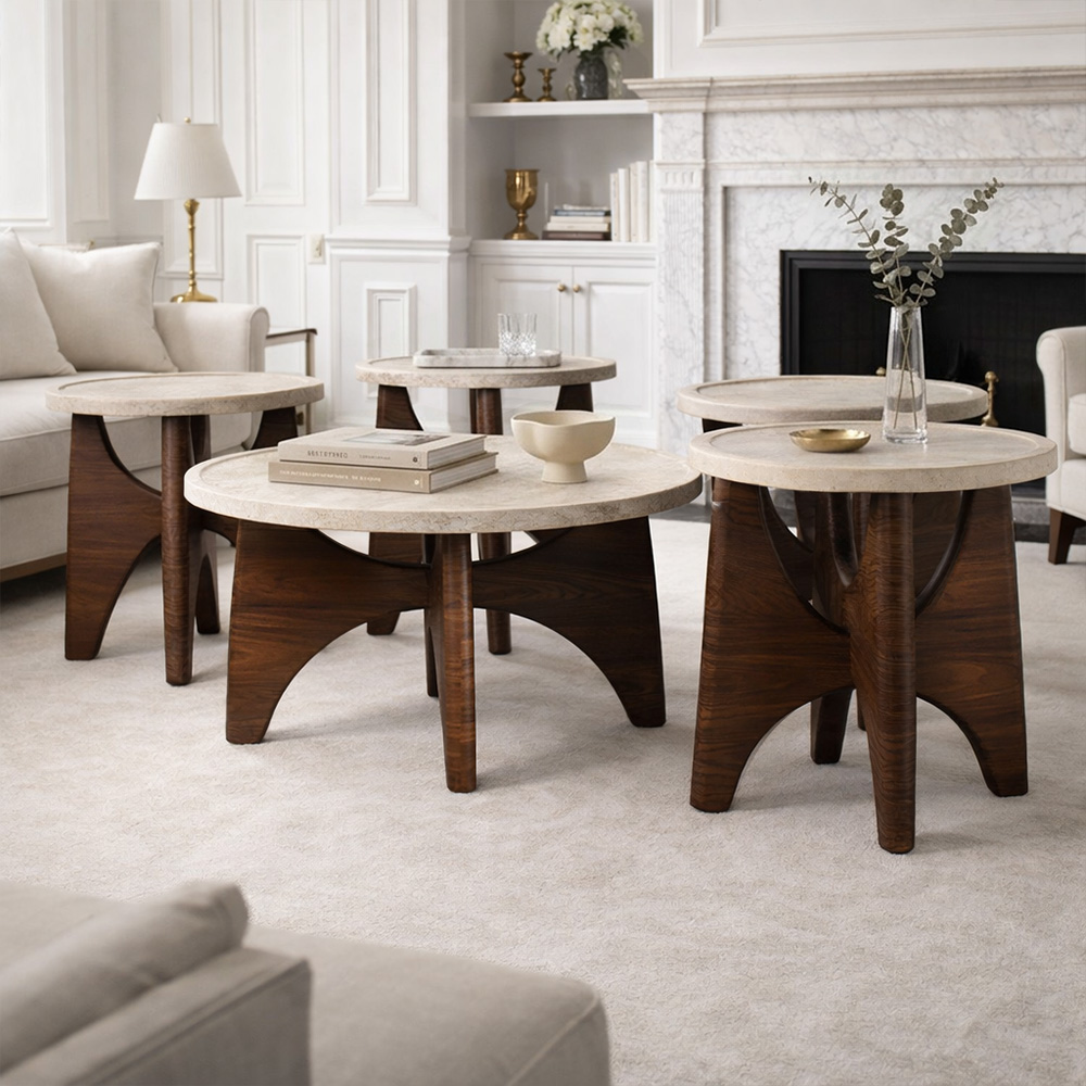 طقم طاولات خدمة 5 قطع خشبي مودرن فاخر بني × بيج