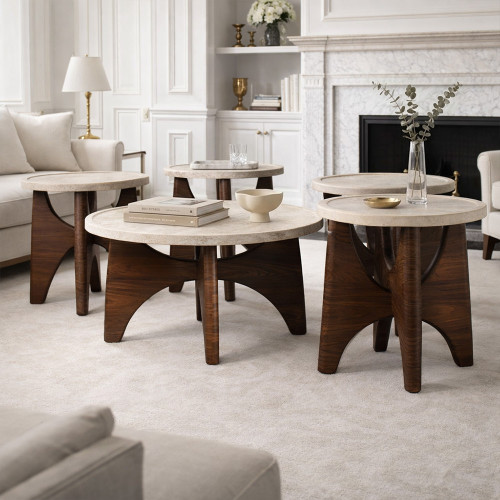 طقم طاولات خدمة 5 قطع خشبي مودرن فاخر بني × بيج