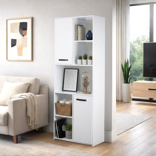 مكتبة تخزين أبيض عالية ببابين ورفوف مفتوحة تصميم مودرن