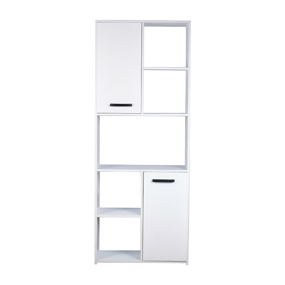 مكتبة تخزين أبيض عالية ببابين ورفوف مفتوحة تصميم مودرن