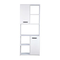 مكتبة تخزين أبيض عالية ببابين ورفوف مفتوحة تصميم مودرن