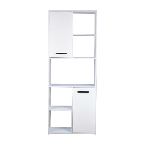 مكتبة تخزين أبيض عالية ببابين ورفوف مفتوحة تصميم مودرن