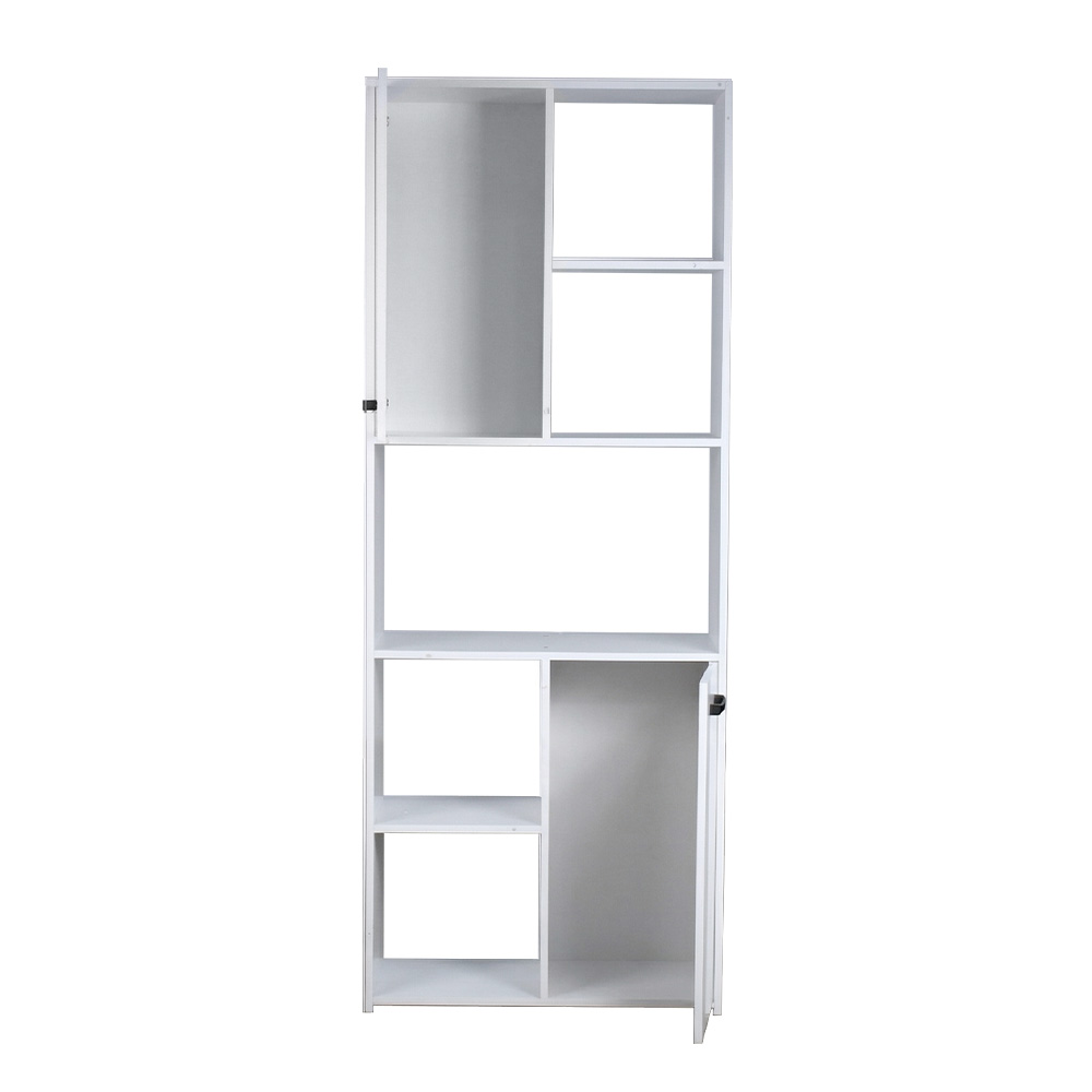 مكتبة تخزين أبيض عالية ببابين ورفوف مفتوحة تصميم مودرن