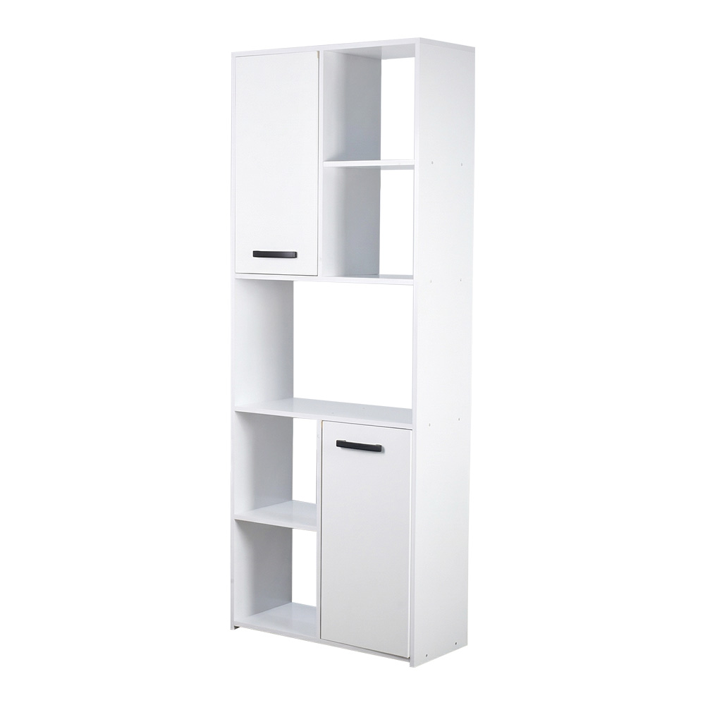 مكتبة تخزين أبيض عالية ببابين ورفوف مفتوحة تصميم مودرن