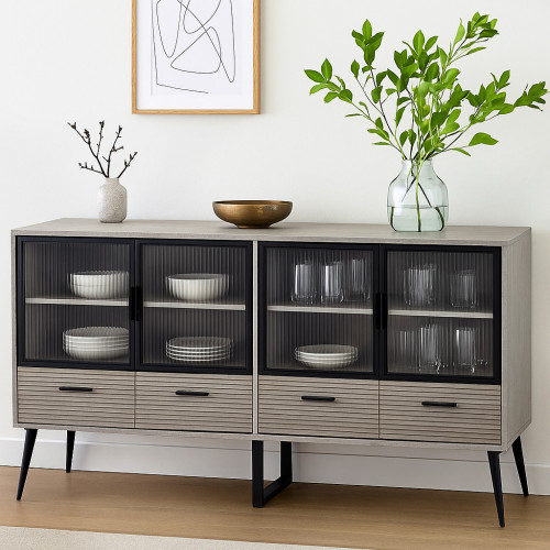 بوفيه  انيق خشب بأبواب زجاجية مع أدراج تخزين