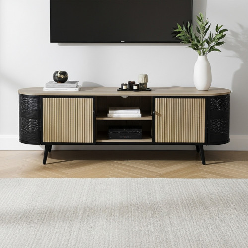 طاولة تلفاز خشبية بأرجل معدنية بيج