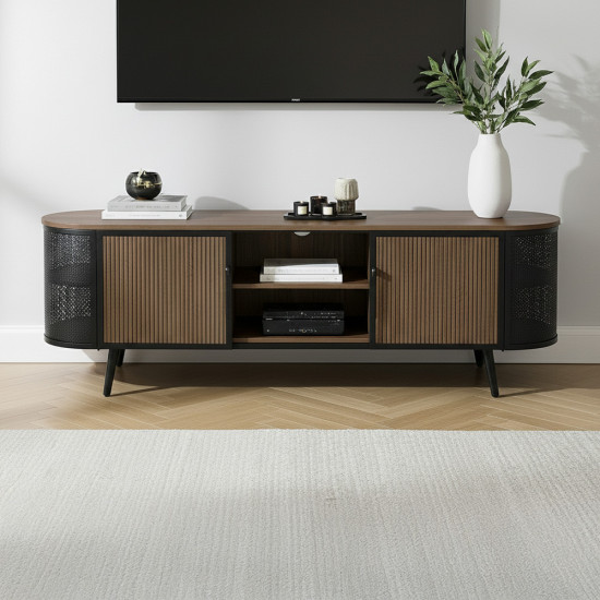 طاولة تلفاز خشبية بأرجل معدنية بني