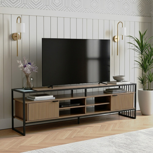 طاولة تلفاز خشبية بأرجل معدن ولمسة زجاجية