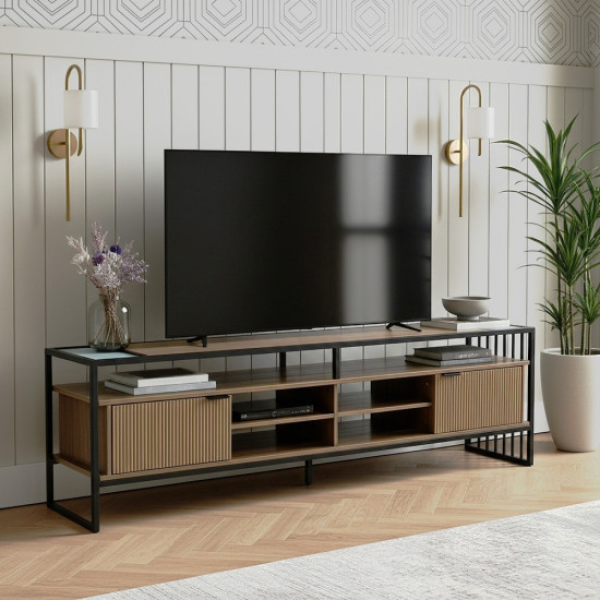 طاولة تلفاز خشبية بأرجل معدن ولمسة زجاجية