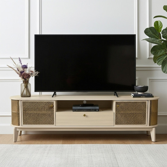 وحدة تلفاز خشبية أنيقة بأرجل معدنية بيج