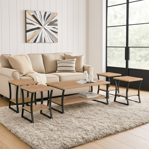 طقم طاولات 5 قطع عملي 2 دور خشب بيج