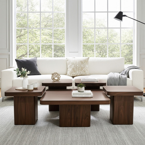 طقم طاولات قهوة 5 قطع خشبي بني