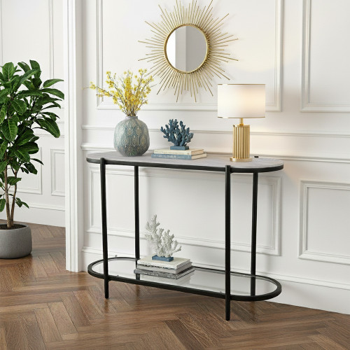 كونسول مودرن سطح خشب مع رف زجاجي