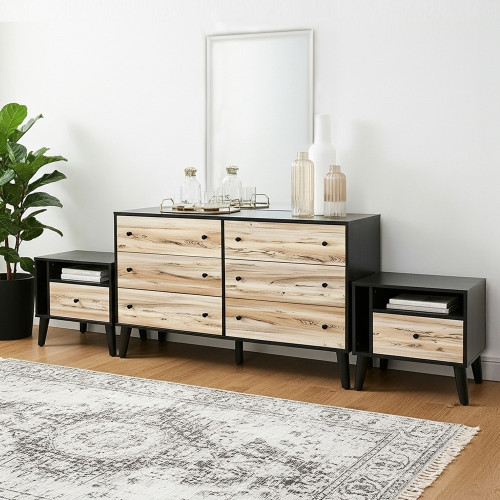 تسريحة 6 أدراج بمرآة مع 2 كمودينو جانبي