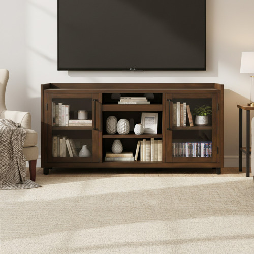 وحدة تلفاز خشبية مودرن بأبواب زجاجية بني