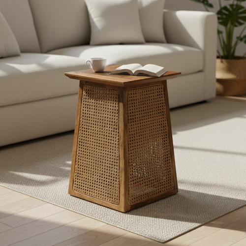 طاولة قهوة جانبية عصرية خشب مع راتان