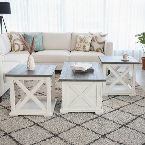 طقم طاولات قهوة 3 قطع خشبي مع قاعدة عملية