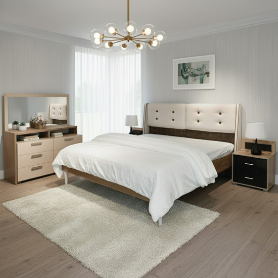 غرفة نوم مودرن خشب مع تسريحة و2 كمودينو