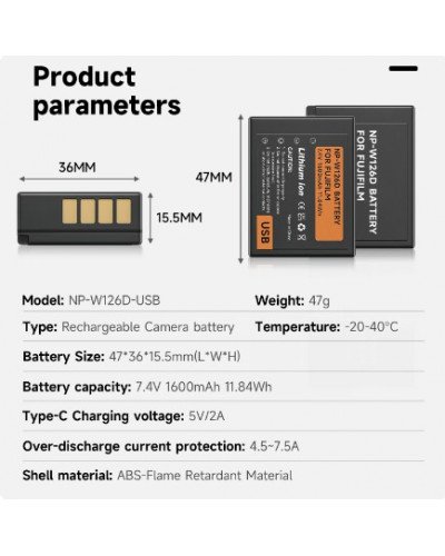NP-W126S for FUJIFILM Li-ion Rechargeable Battery with USB-C Input NP-W126S for FUJIFILM Li-ion Rechargeable Battery with USB-C Input