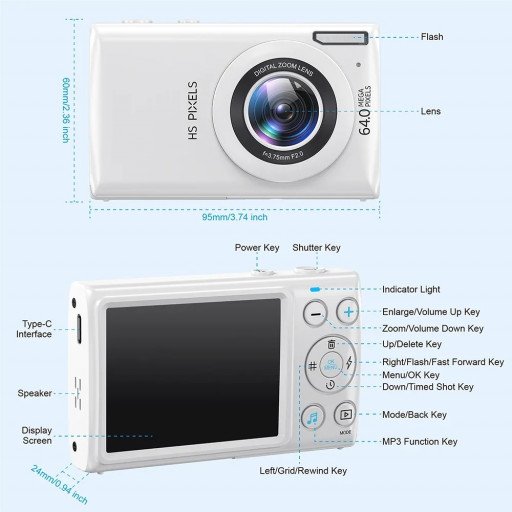 Digital Camera MP3 Player Auto Focus 2.8inch Screen Compact US - white