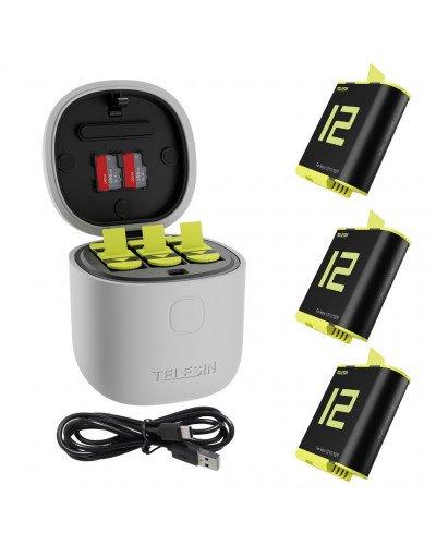 TELESIN Allin Box Battery Charger 1750mAh for GoPro Hero 12 11 10 9 Black 3 Ways Fast Charging Storage Batteries Accessories Kit