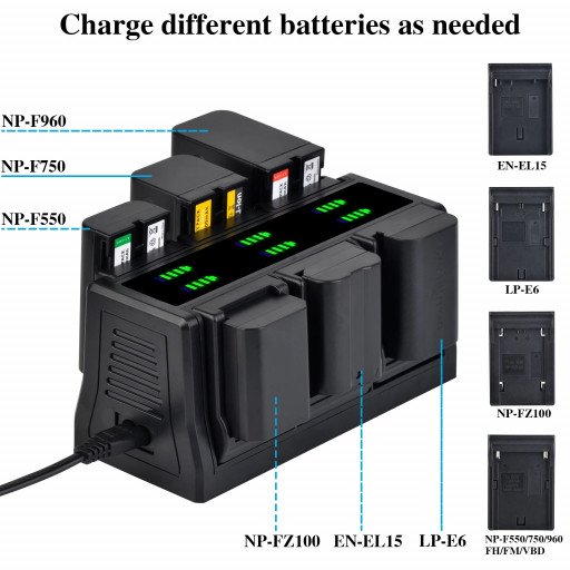LED Display Charging Base 6-Slot Charger for NP-F970 NP-F750 NP-F550 NP-FZ100 LP-E6 EN-EL15 FNP-W235 Changeable Plate