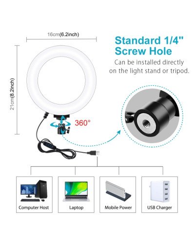 16cm LED Ring Vlogging Photography Video Lights with Mobile Clamp&Light Stand