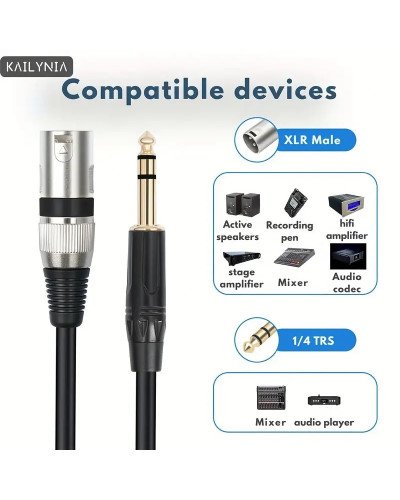 XLR Male To 6.5mm 1/4" TRS Male to XLR Male Balanced Audio Cable 2M