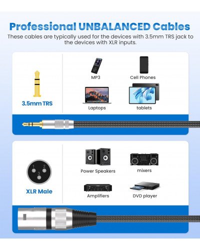 XLR Male to 3.5mm Cable Unbalanced Mini Jack 1/8 inch to XLR Male Adapter Microphone Cable 3M